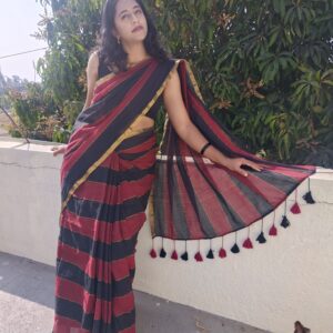 Red and black mul cotton saree