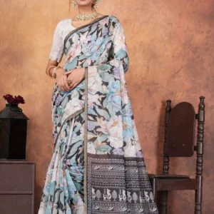 Timeless Touch Lightweight Chanderi Saree with Digital Floral Print & Golden Lace