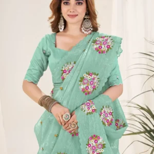 Sea Green Gold Crush Silk Saree with Floral Embroidery and Cutwork Border