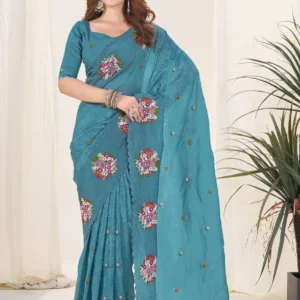 Stylish Teal Blue Gold Crush Silk Saree with Embroidery Work for Weddings